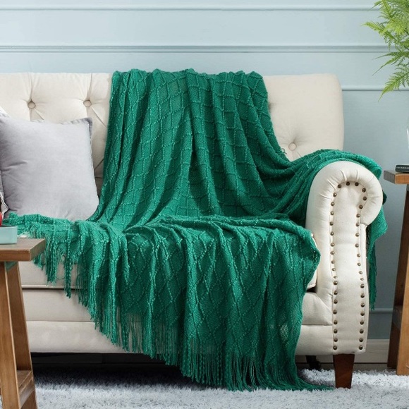 Navy Blue Diamond Bohemian Home Tassel Knit Throw Cozy Fringe Patterned Blanket - Picture 10 of 16